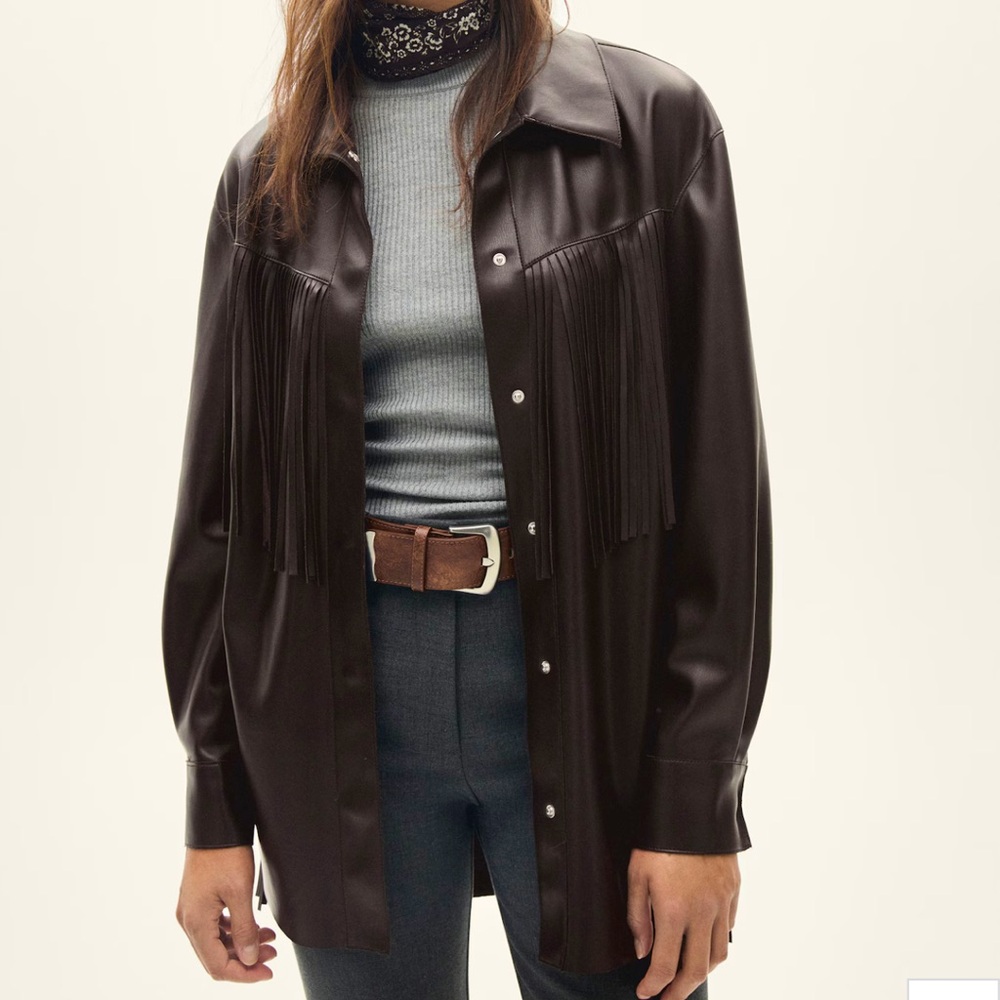 MANGO CHOCOLATE FRINGE LEATHER SHACKET